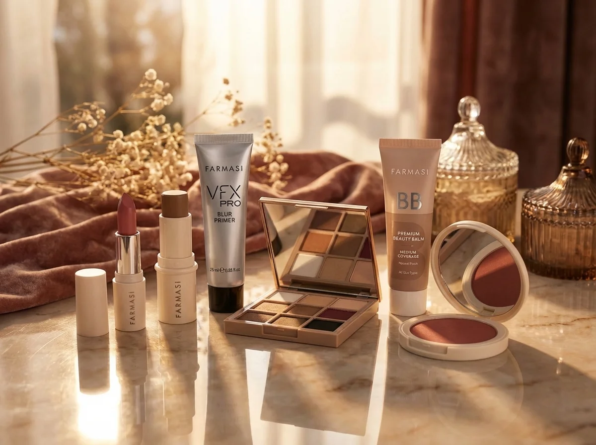 Farmasi makeup collection — foundation, eyeshadow palette, mascara